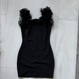 Elegant Black Ruffle Dress at shoulders